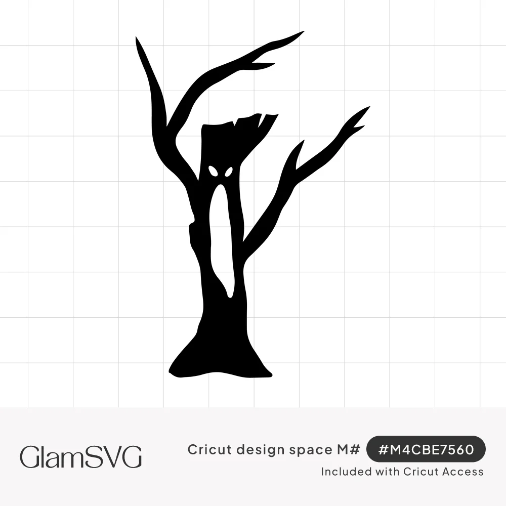Black silhouette of a bare twisted tree with spooky eyes and a long open mouth carved into its trunk