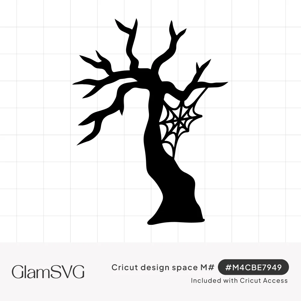 Black silhouette of a bare, twisted spooky tree with a spider web between the trunk and a branch