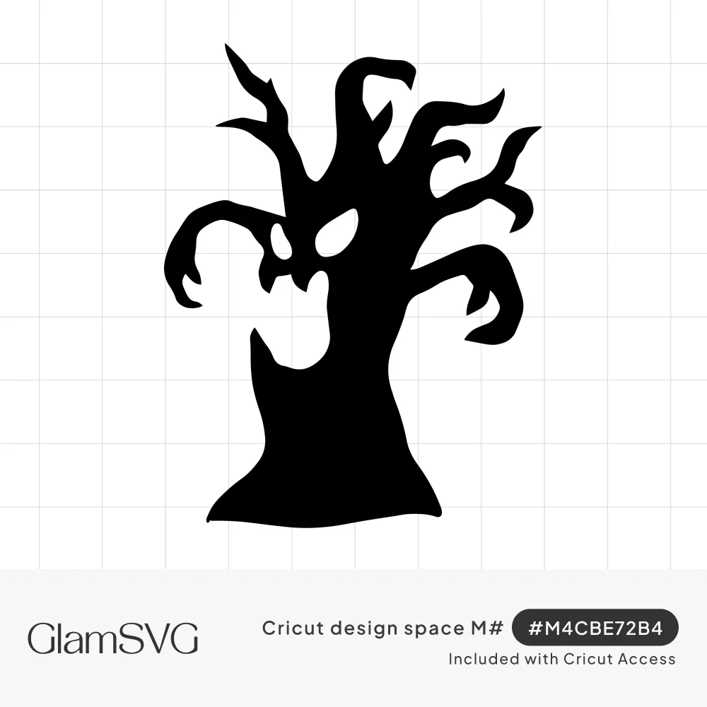 Black silhouette of a gnarled haunted tree with twisting branches and an angry face with slanted eyes and open mouth