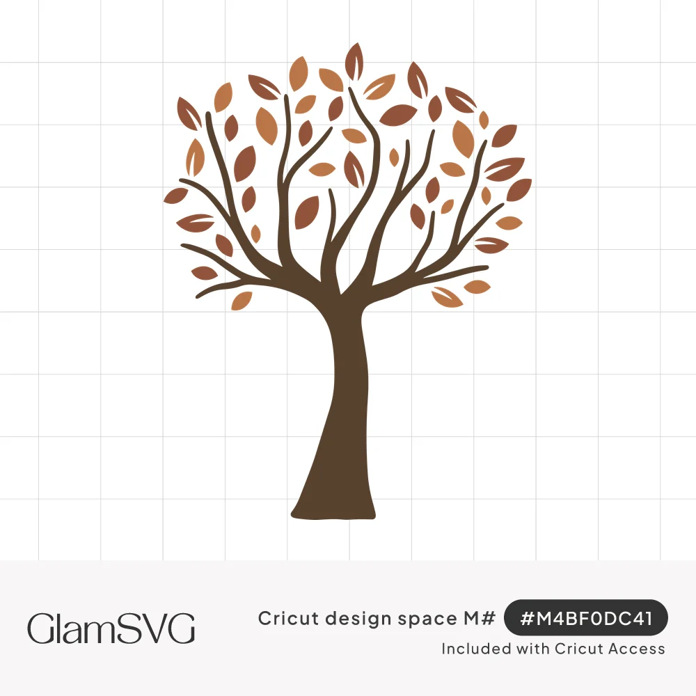 Illustration of a brown tree with curving branches and scattered rust, copper and tan autumn leaves