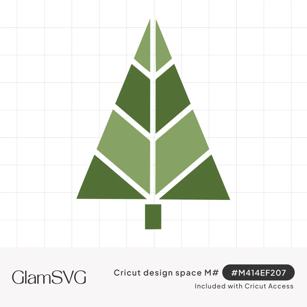 Geometric evergreen tree made of light and dark green chevron panels separated by white lines, with a square trunk