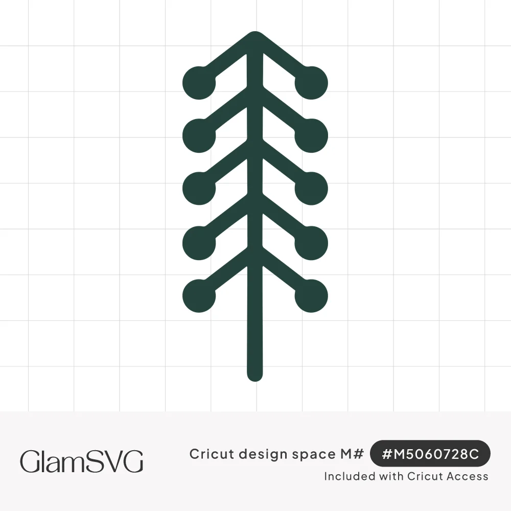 Minimalist dark green pine tree with a straight trunk and angled branches ending in round dots