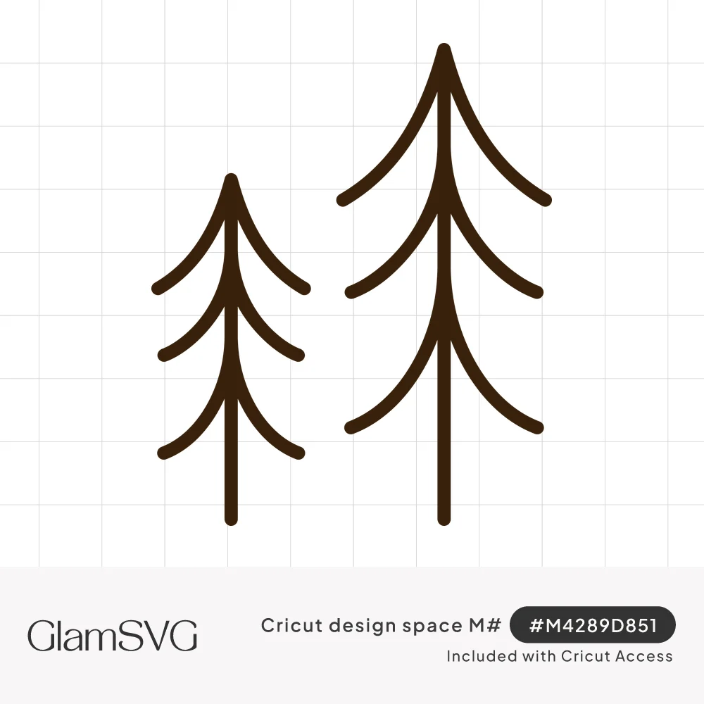 Two minimalist line-drawn pine trees in dark brown, one short and one tall, with curved branches on straight trunks