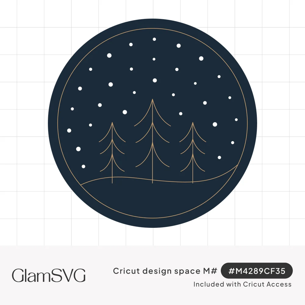 Minimalist line drawing of three pine trees on a hill with falling snow dots inside a dark navy circle with a thin inner ring