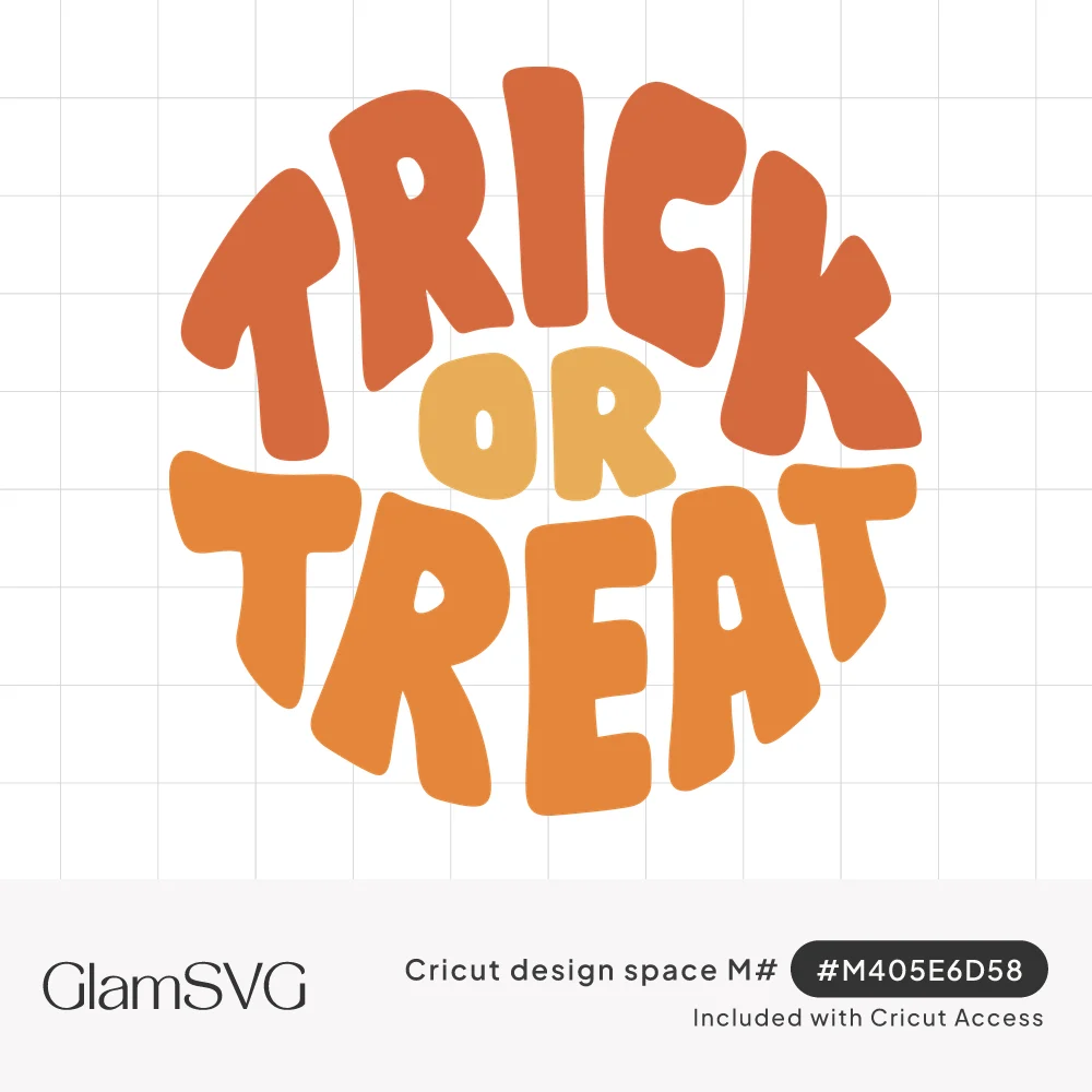 Bold groovy orange lettering arranged in a circle reading Trick or Treat with a smaller yellow-orange or in the center