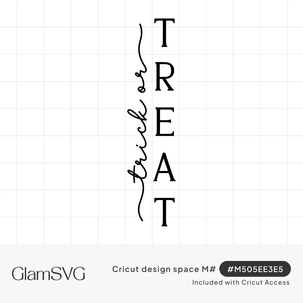 Vertical Halloween lettering with TREAT in tall black serif capitals beside "trick or" in looping script