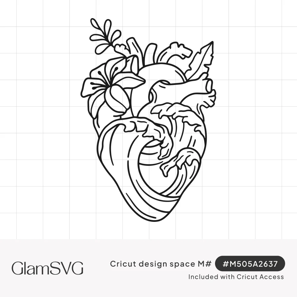 Line art anatomical heart wrapped in curling ocean waves with a lily, tropical leaf and fern sprig growing from the top