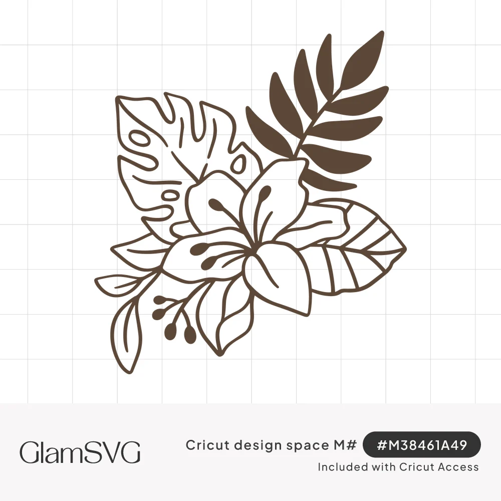 Outline drawing of a hibiscus flower with monstera leaves, buds and a solid palm frond in brown line art