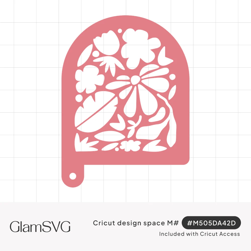 Pink arch-shaped stencil with cut-out daisy, flowers, tropical leaves and dots, plus a tab with a hole at the bottom