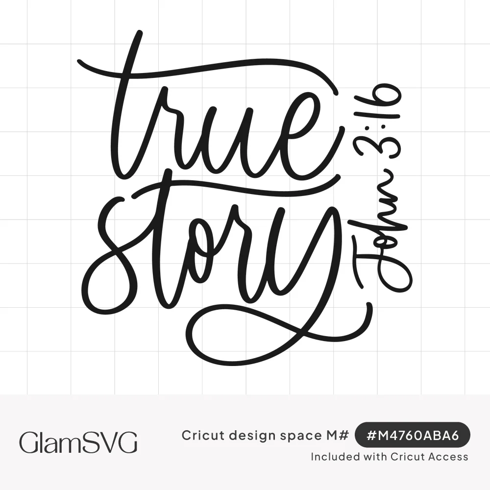 Black brush script lettering reading true story with John 3:16 written vertically along the right side