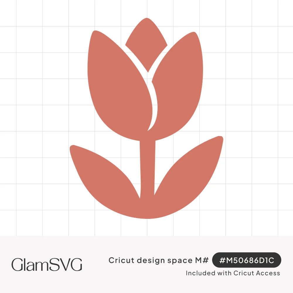 Solid coral tulip silhouette with a three-petal bloom, straight stem and two curved leaves at the base