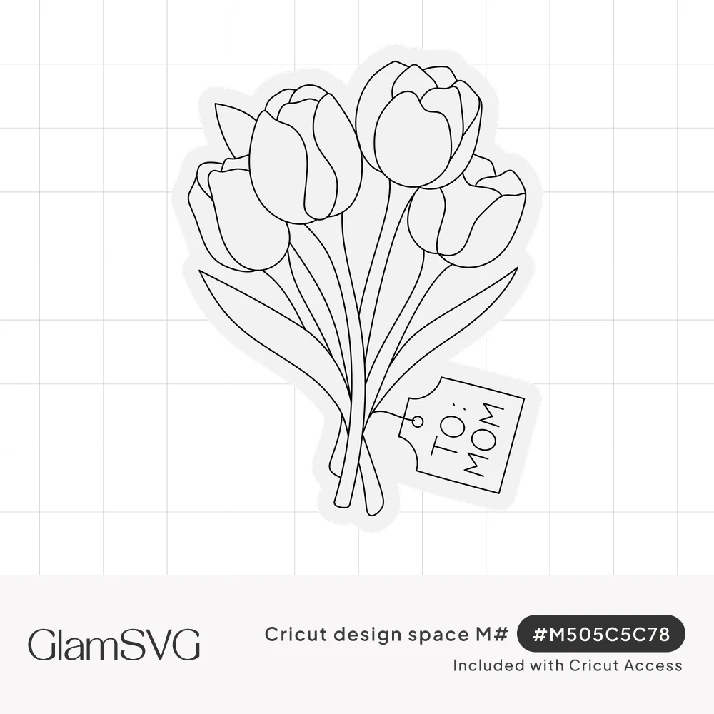Outline drawing of a five-tulip bouquet with leaves and a small gift tag reading To Mom, inside a sticker-style border