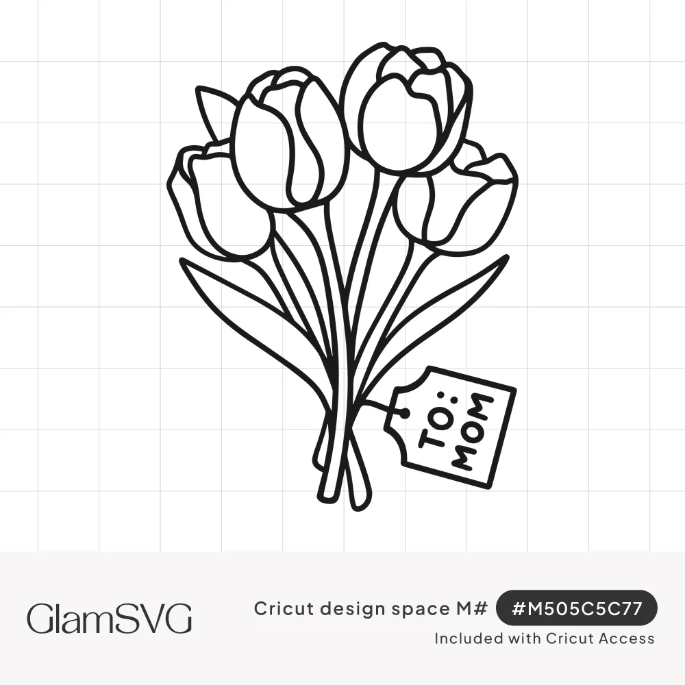 Line drawing of five tulips tied in a bouquet with a hanging gift tag that reads To: Mom