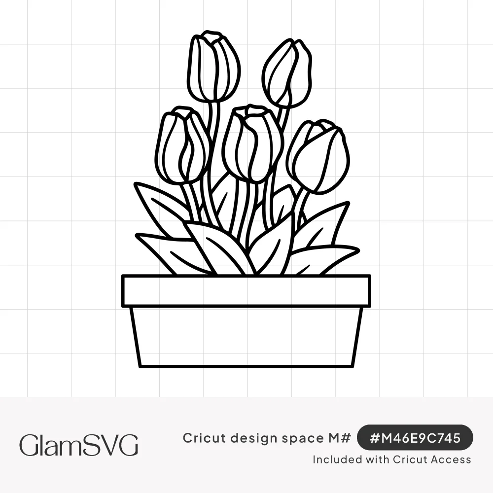 Black outline drawing of five tulips with long leaves growing in a rectangular flower pot