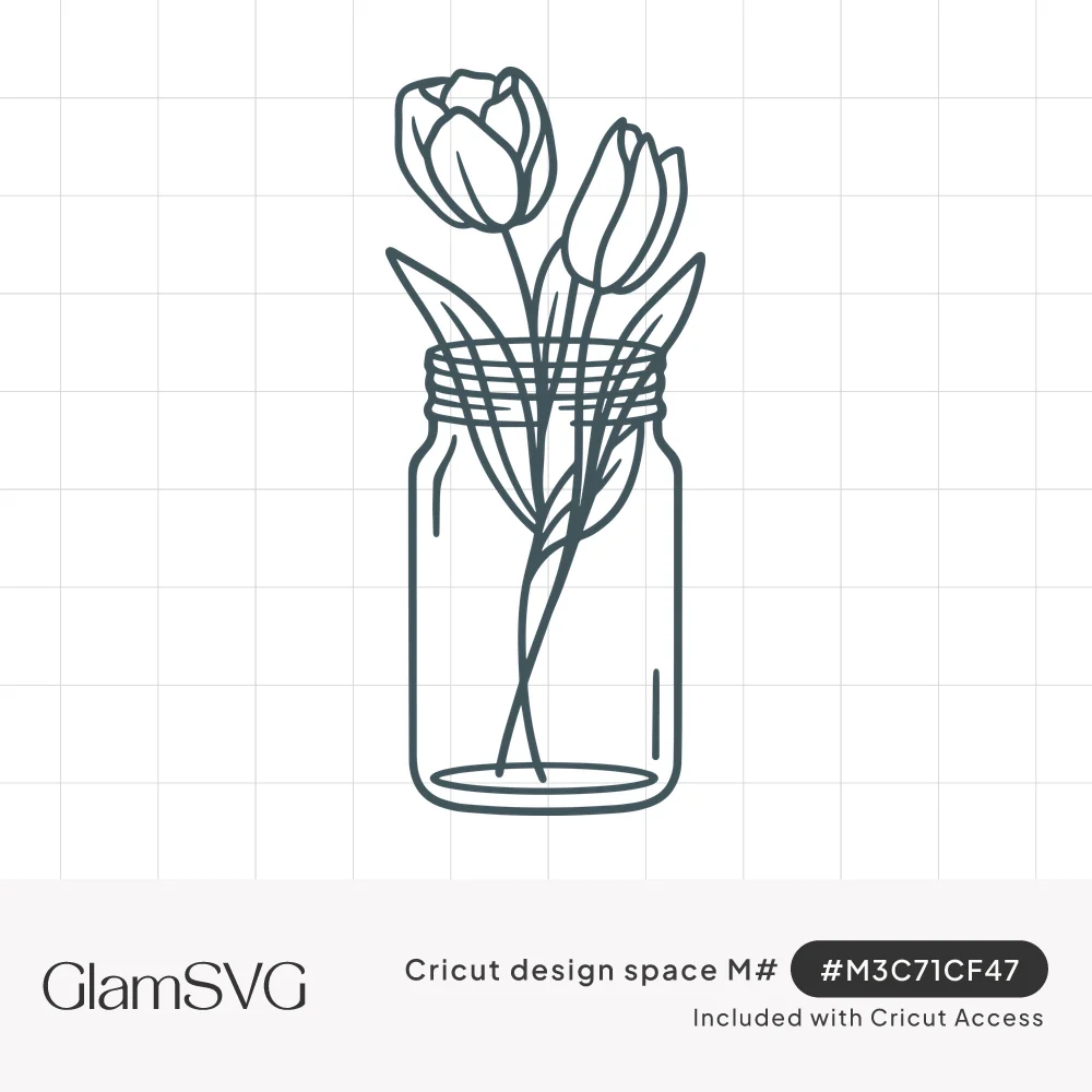 Line drawing of two tulips with long leaves standing in a clear mason jar with a threaded rim