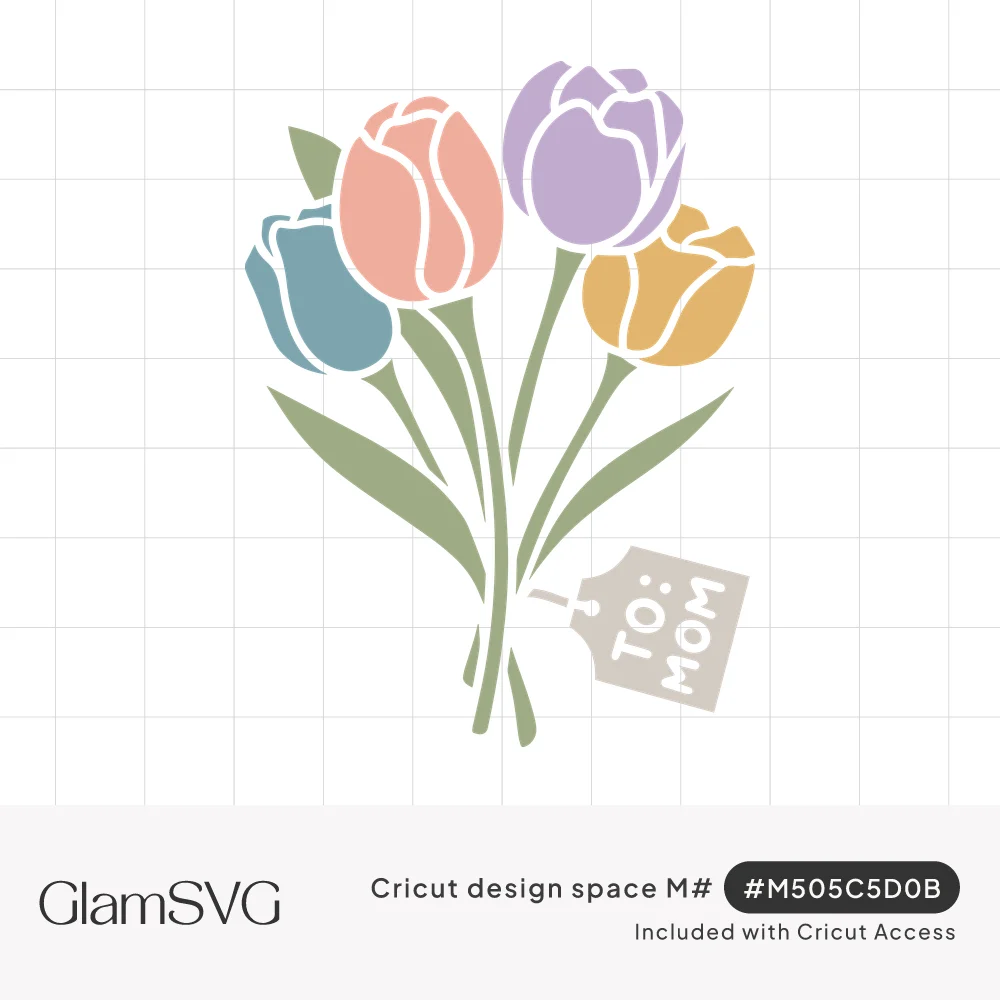 Bouquet of four pastel tulips in blue, peach, lavender and yellow with green stems and a gift tag reading To: Mom