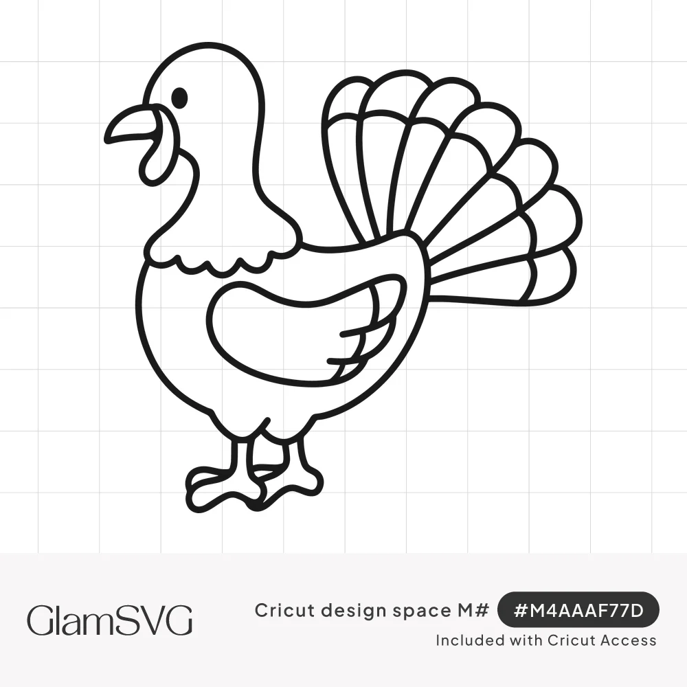 Black outline drawing of a cute turkey standing in profile with a fanned tail, scalloped neck feathers and a wing