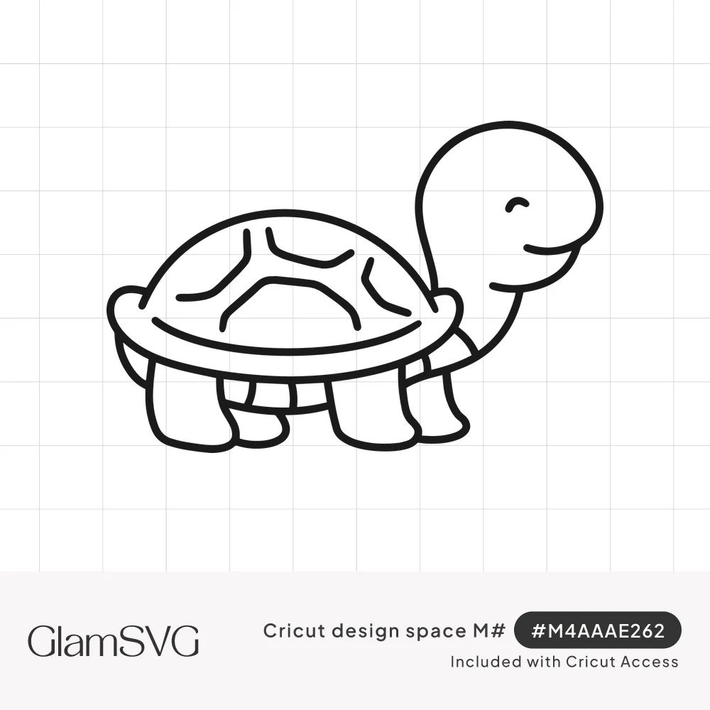 Black outline drawing of a cute smiling cartoon turtle with a patterned shell, closed happy eyes and short legs