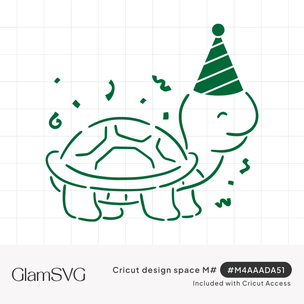 Green outline drawing of a smiling turtle wearing a striped party hat surrounded by confetti