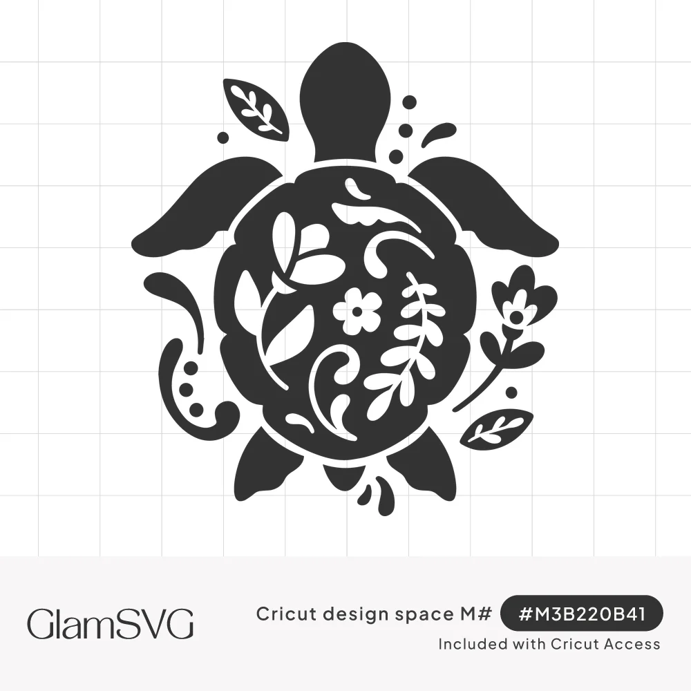 Black sea turtle silhouette seen from above with floral and fern cutouts in its shell, surrounded by leaves and swirls