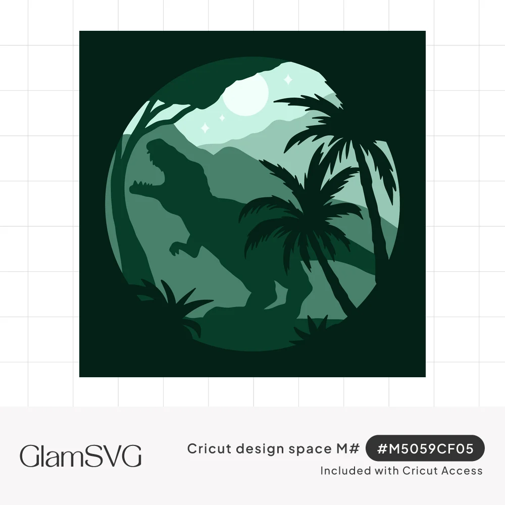 Layered circular shadow box of a roaring T. rex silhouette among palm trees and hills under a full moon in shades of green
