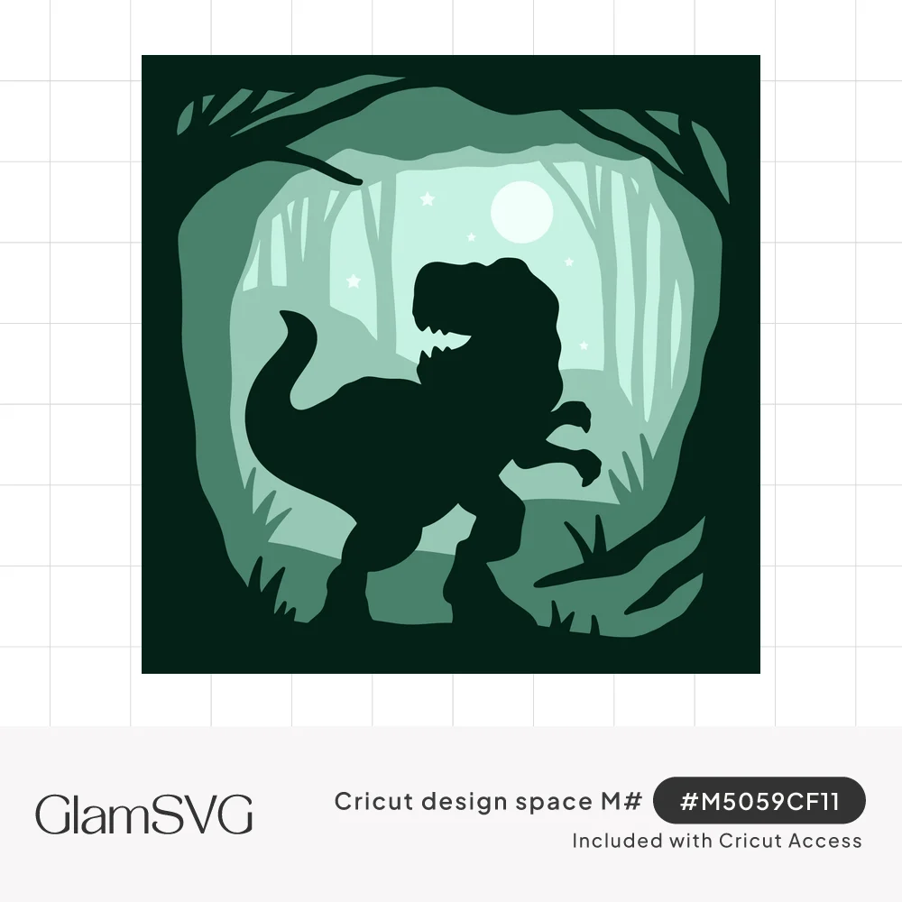 Layered green paper shadow box of a T. rex silhouette walking through a moonlit forest with stars