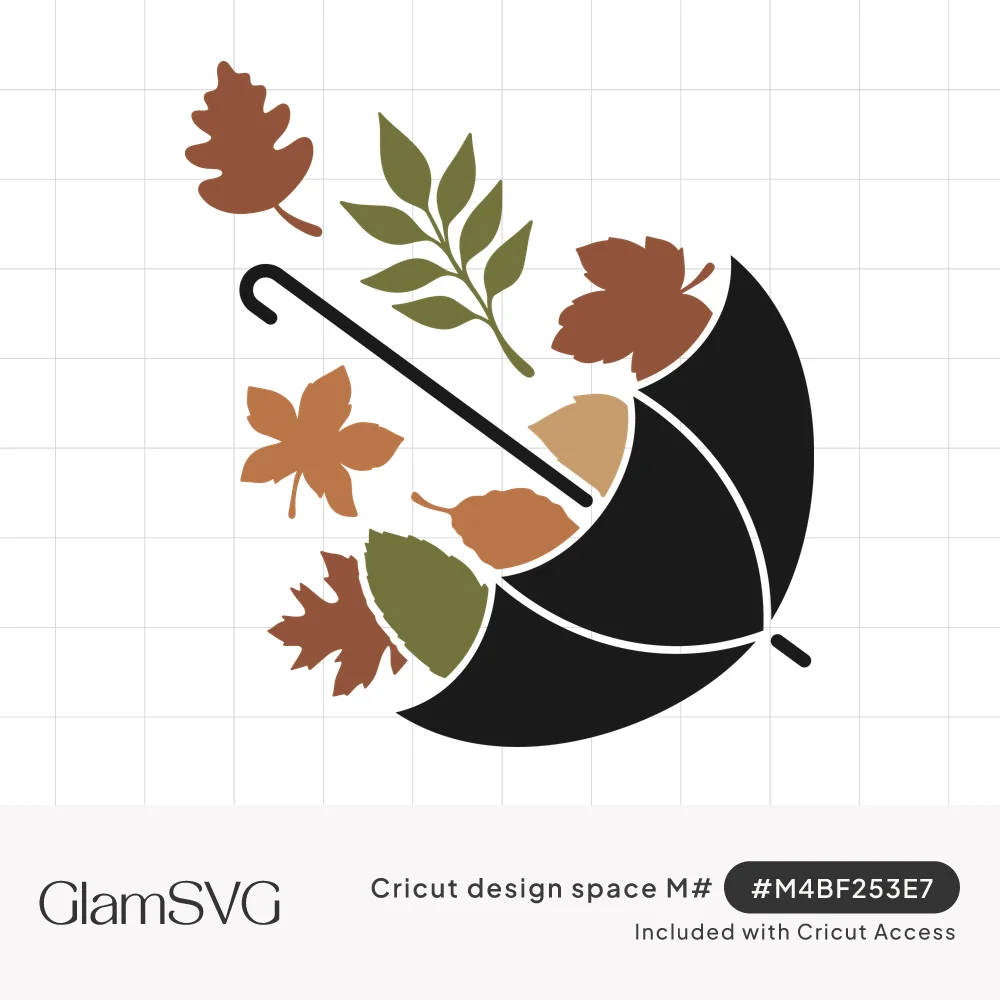Black upside down umbrella with rust, olive and tan oak, maple and willow leaves floating out of it