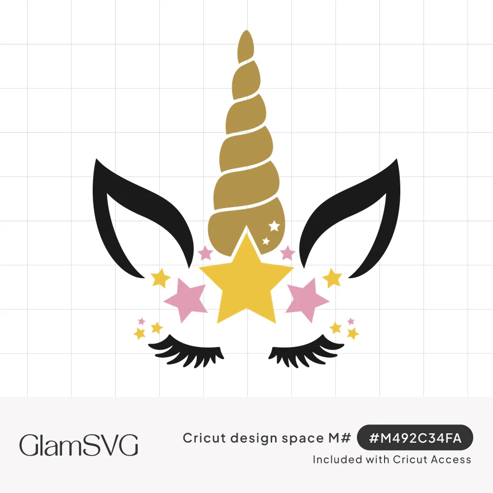 Unicorn face with gold spiral horn, black ears, closed eyelashes and pink and yellow stars on a white background