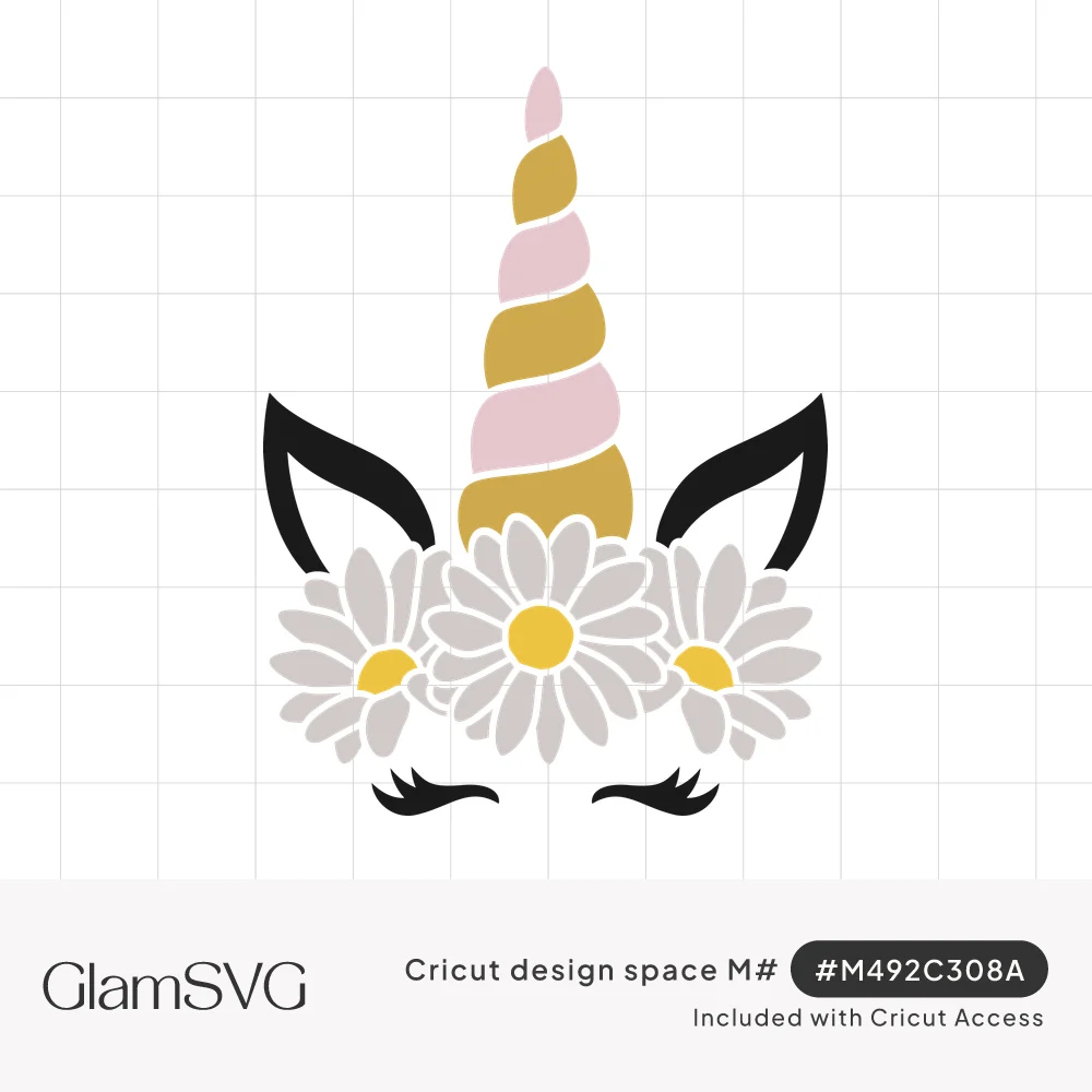 Unicorn face with a gold and pink spiral horn, black ears, closed eyelashes and a crown of white daisies with yellow centers