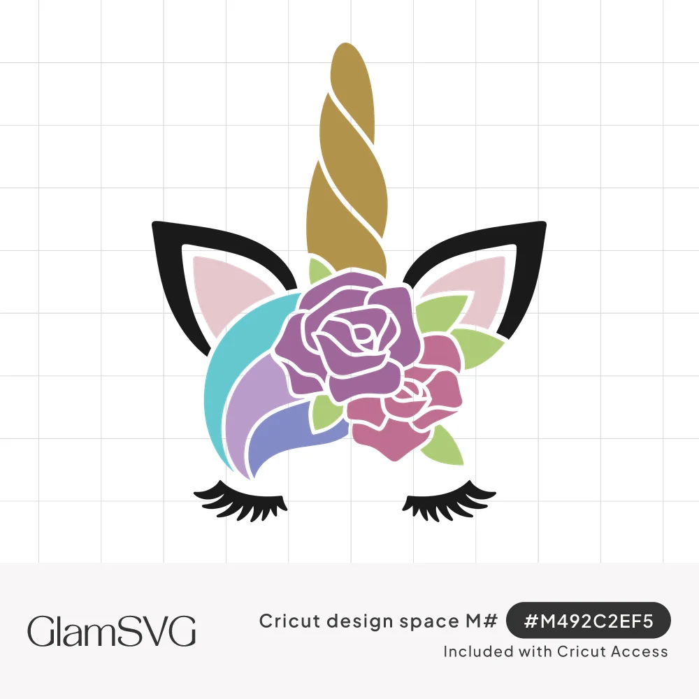 Unicorn face with gold twisted horn, closed eyelashes, pastel mane and purple and pink roses with green leaves