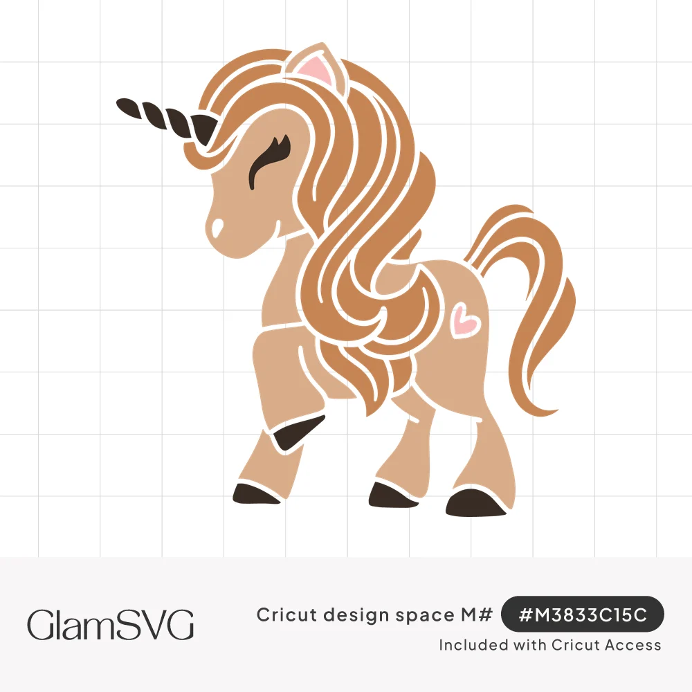 Cute layered unicorn with flowing caramel mane, dark twisted horn, closed smiling eyes and pink heart on its hip, prancing