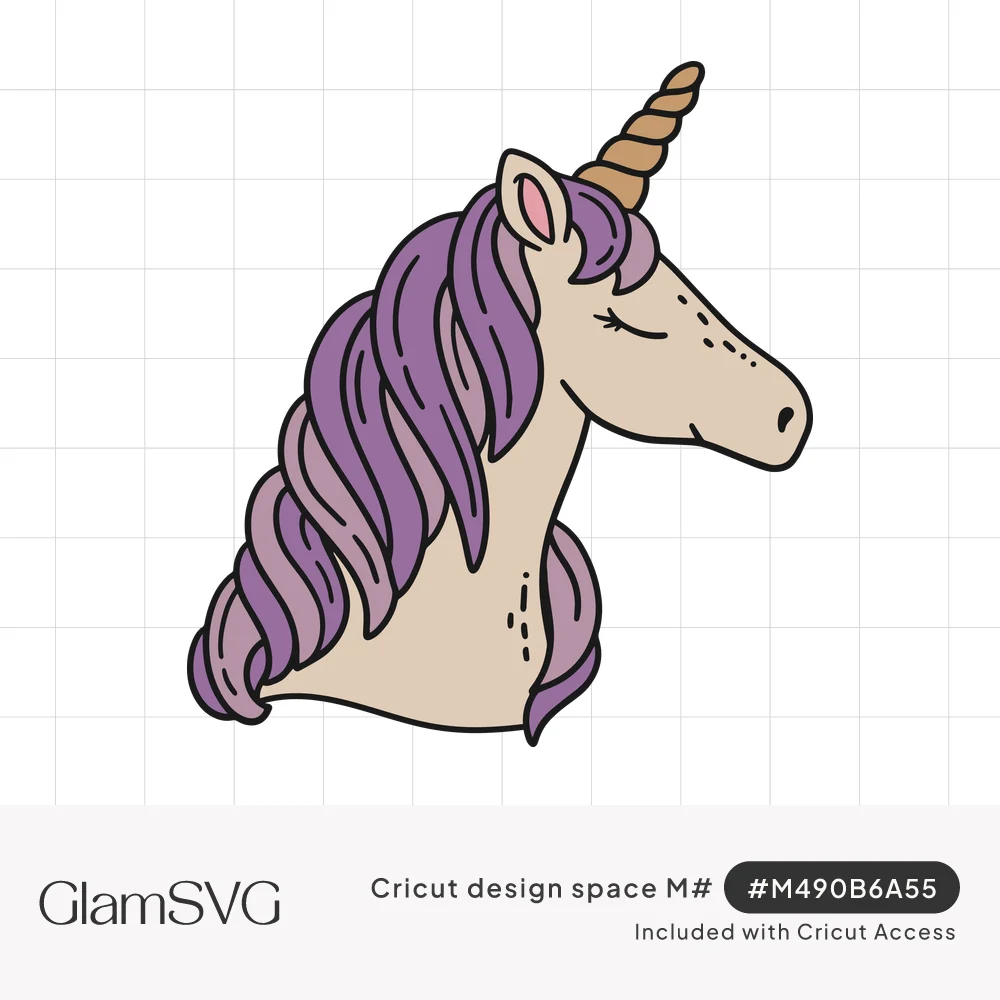 Illustrated unicorn head in profile with closed eyes, wavy purple mane, pink ear and gold spiral horn