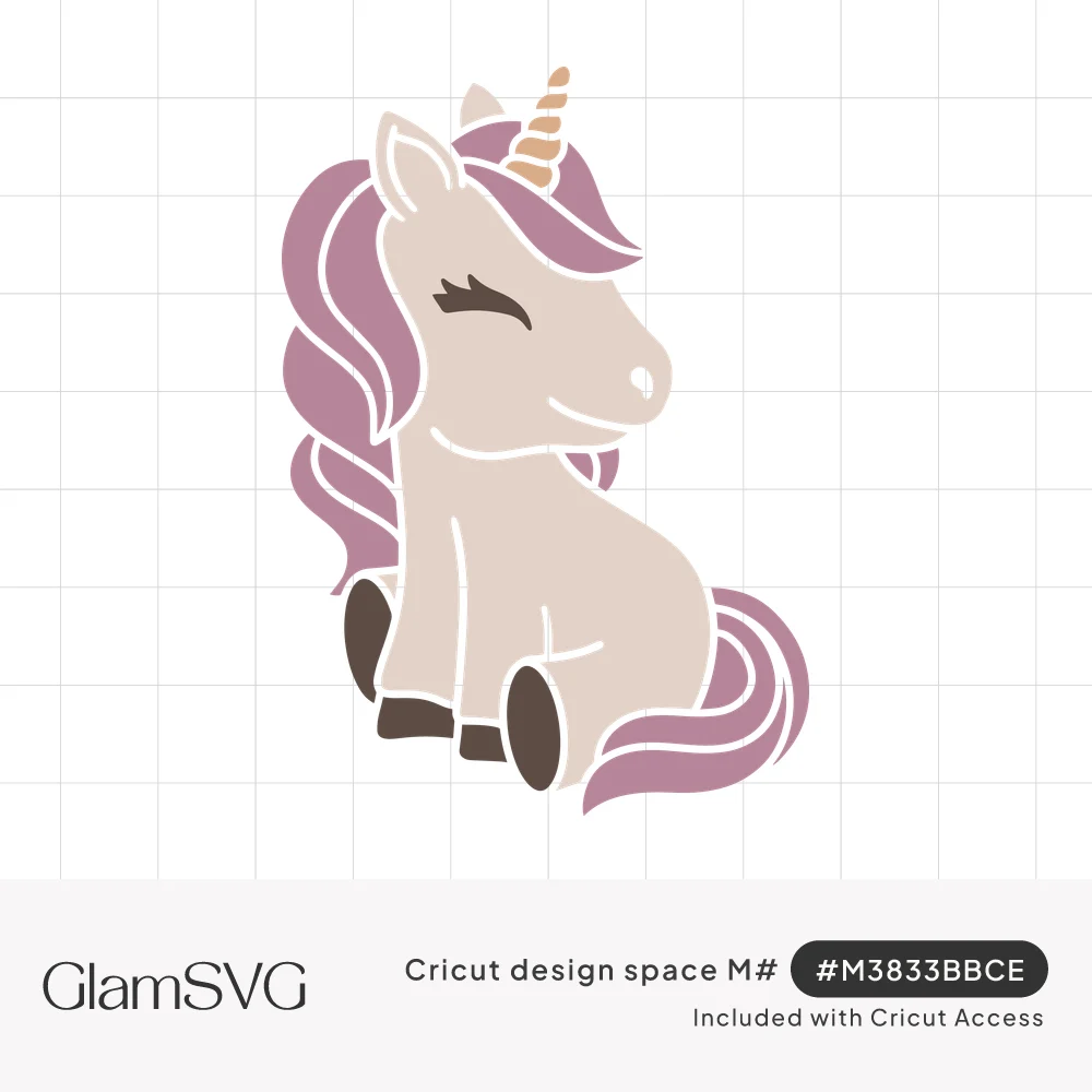 Cute sitting baby unicorn with closed smiling eyes, mauve mane and tail, gold spiral horn and dark brown hooves