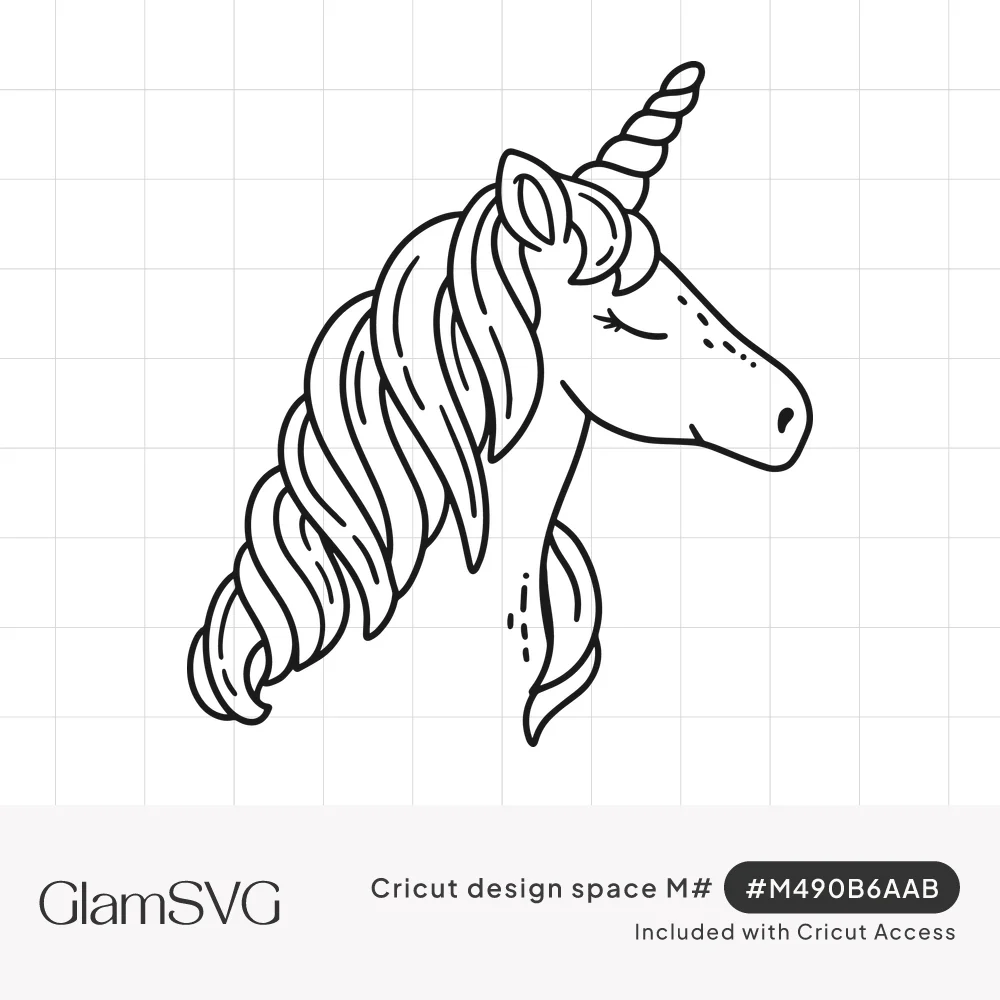 Line drawing of a unicorn head in profile with closed eyes, spiral horn and long wavy mane