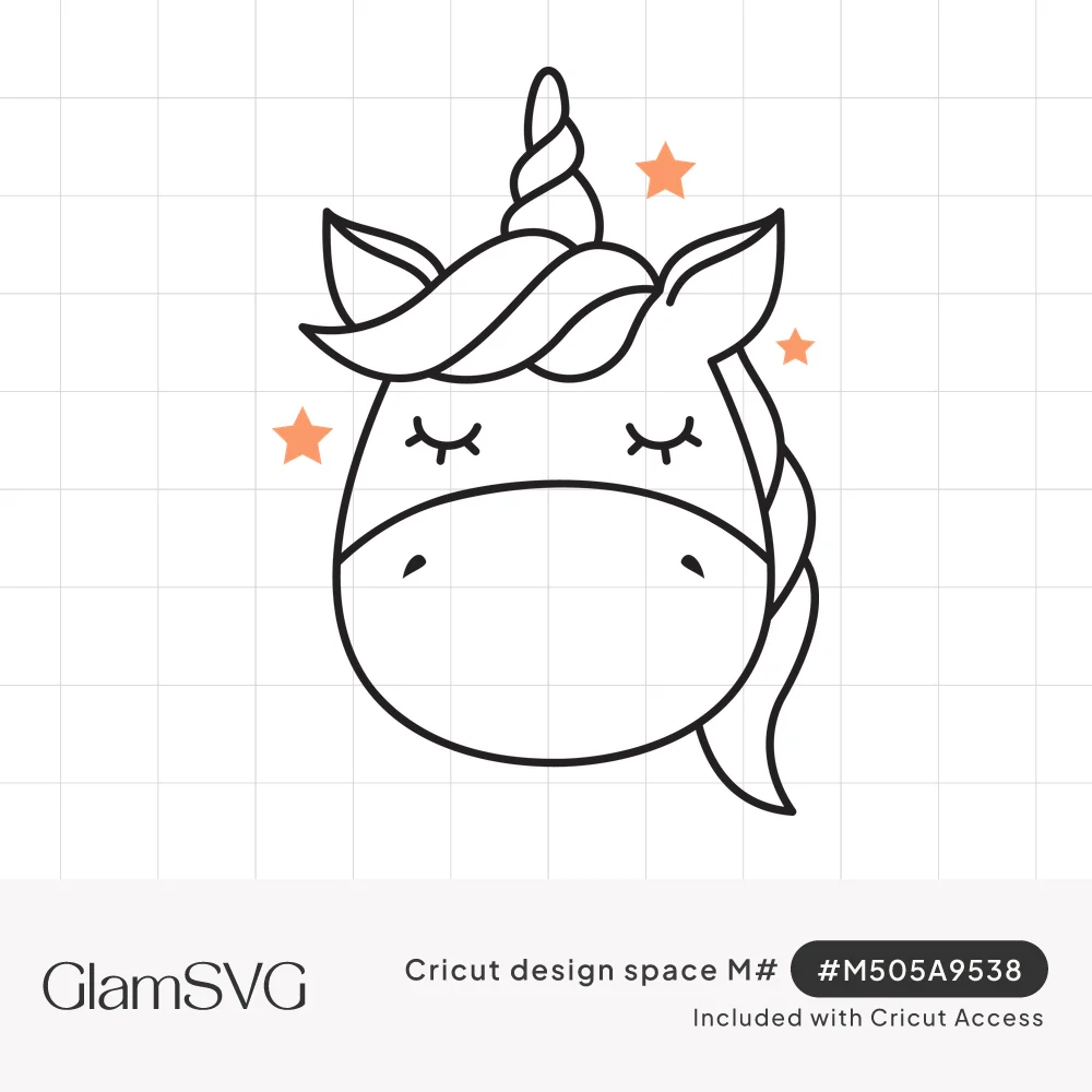 Line drawing of a unicorn face with closed eyes, swirled forelock, spiral horn and three small orange stars