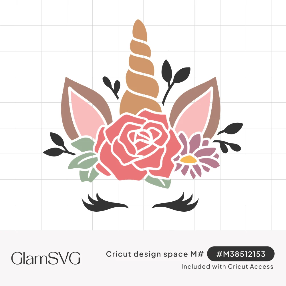 Unicorn face with golden spiral horn, pink ears, coral rose and lilac daisy flower crown, and closed eyelashes