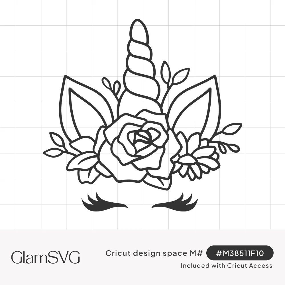 Black line art of a unicorn horn and ears with a rose and leaf flower crown above closed eyelashes