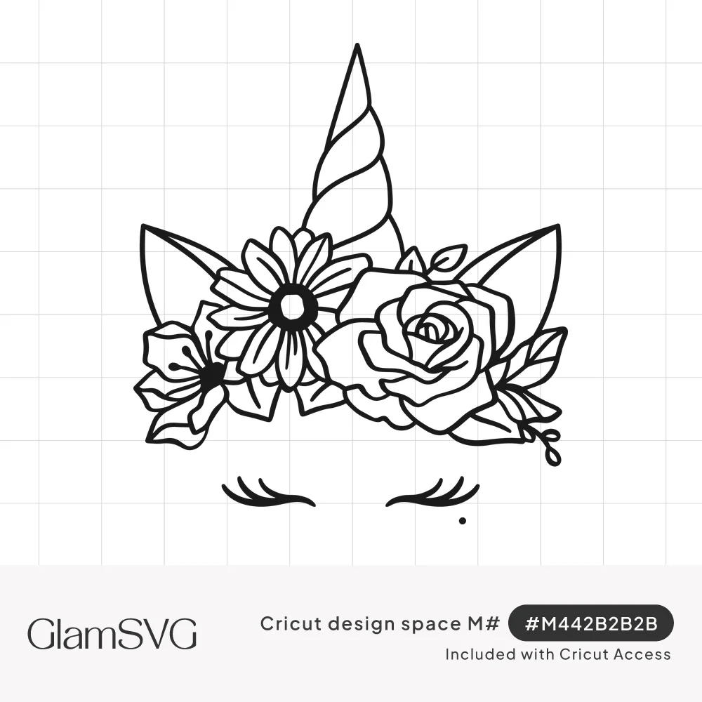 Black line art unicorn face with spiral horn, ears, a crown of roses and daisies, and closed eyelashes
