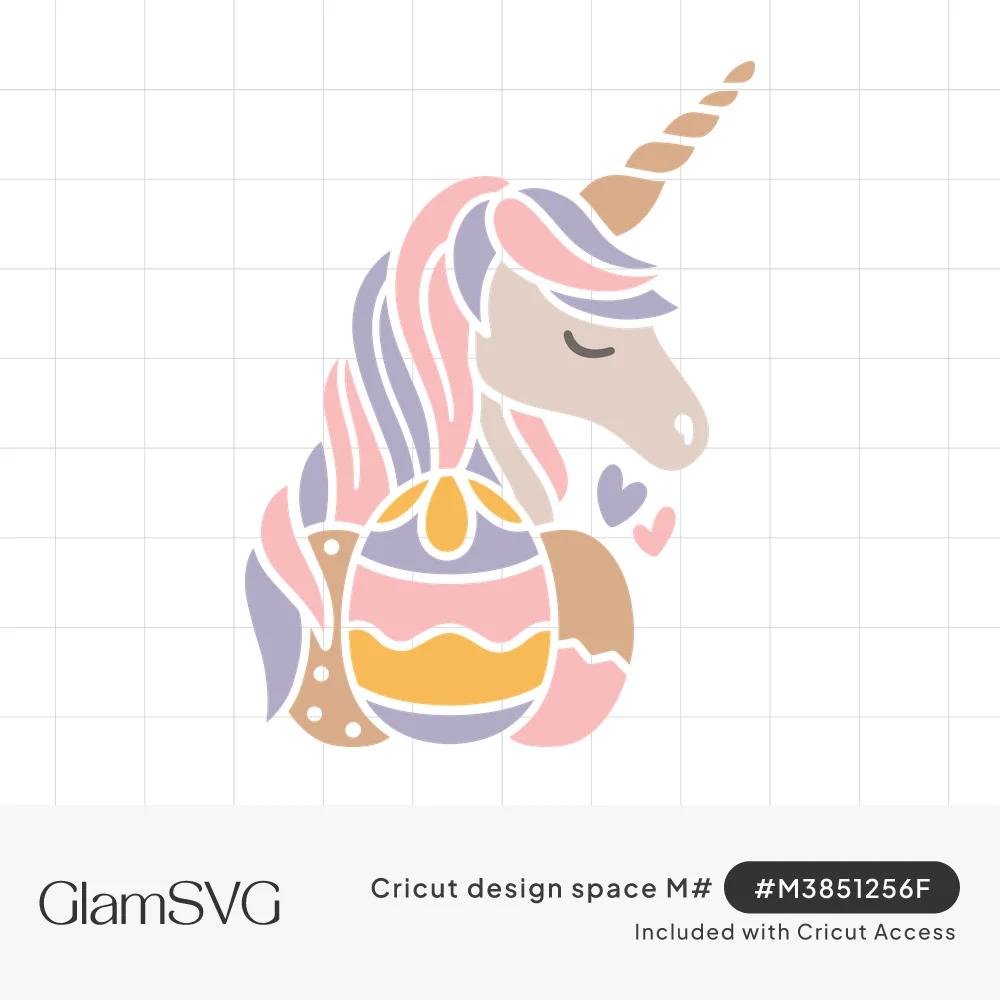 Pastel unicorn head with closed eyes, pink and lavender mane, tan horn, decorated Easter eggs and small hearts