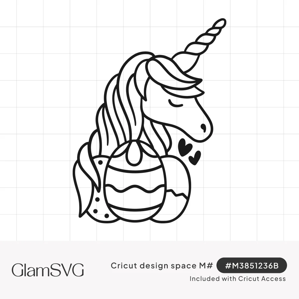 Black outline drawing of a unicorn with closed eyes, spiral horn and flowing mane behind two decorated Easter eggs and hearts