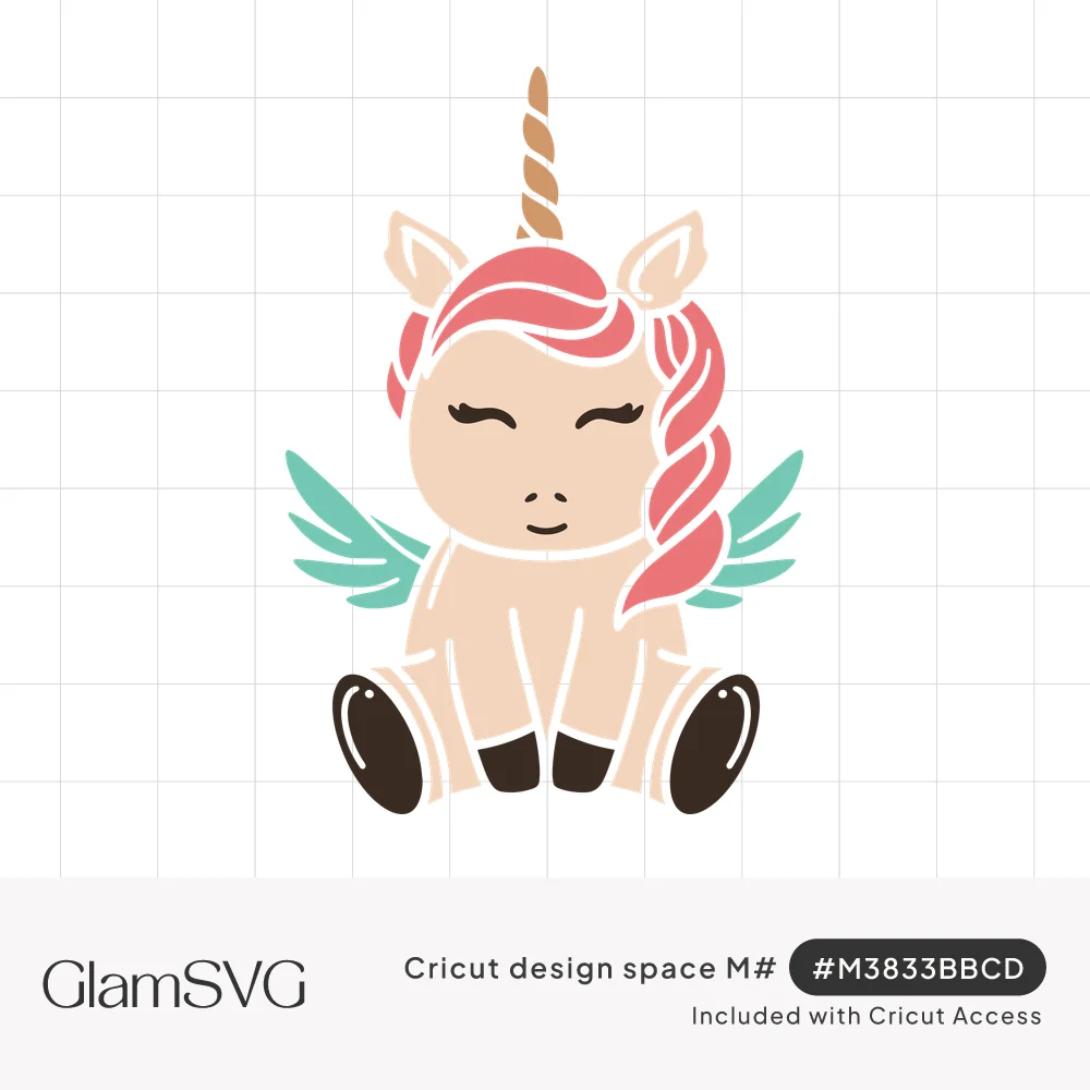 Cute sitting baby unicorn with closed eyes, coral pink mane, gold spiral horn and mint green wings