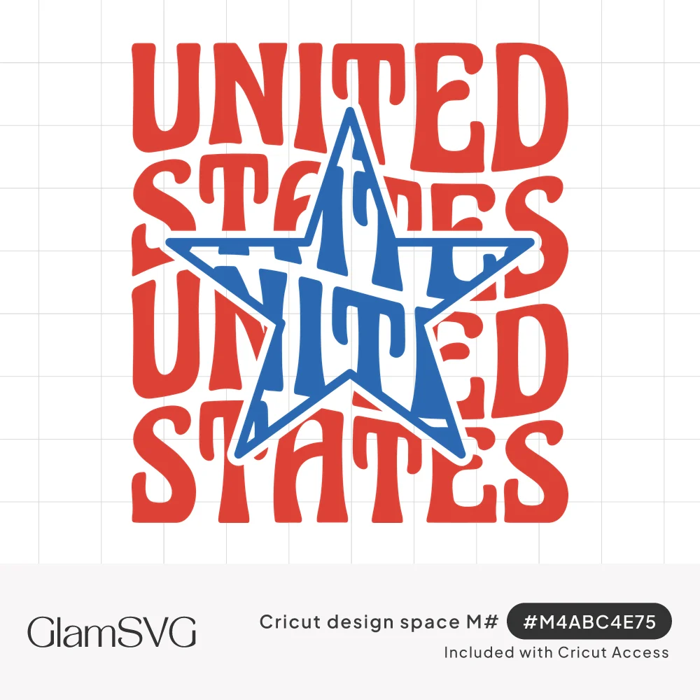 Red wavy retro text reading United States stacked twice with a blue and white striped star in the center