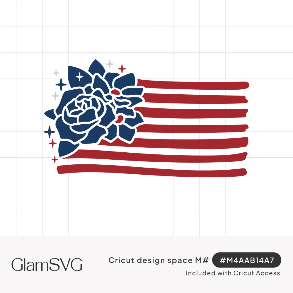 American flag with brushstroke red stripes and a navy blue rose bouquet with small sparkles in place of the stars