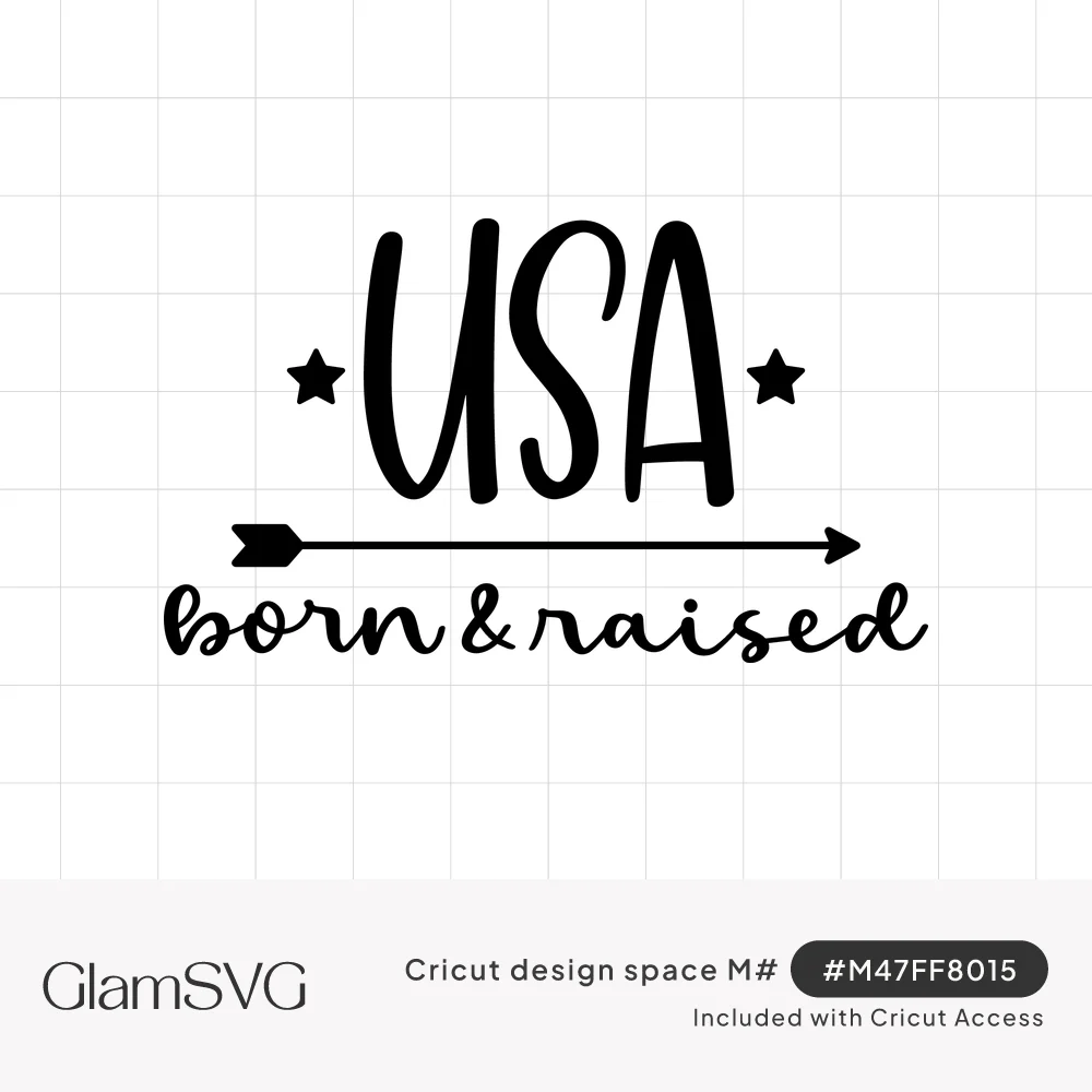Black hand-lettered USA between two stars above an arrow and the script words born & raised
