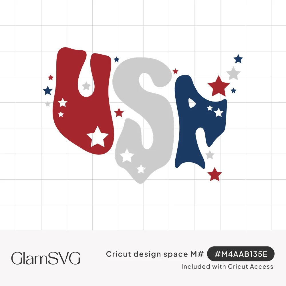 Wavy groovy USA lettering in red, light gray and navy blue with white and colored stars scattered around