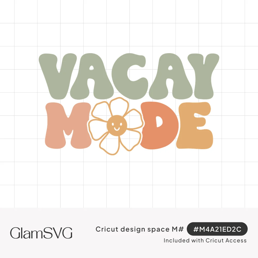 Groovy bubble letters reading Vacay Mode in sage green, peach and orange with a smiling daisy replacing the letter O