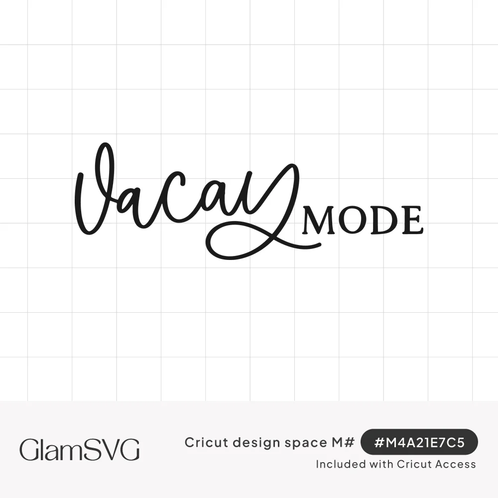 Black hand-lettered script reading vacay with a looping tail, paired with the word mode in serif capitals