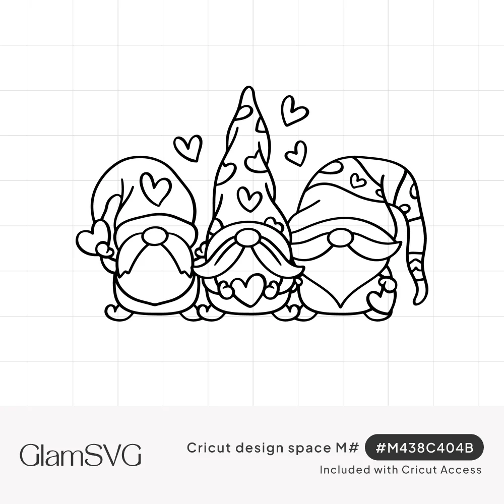 Black outline drawing of three Valentine gnomes in heart-patterned and striped hats with small hearts floating above them