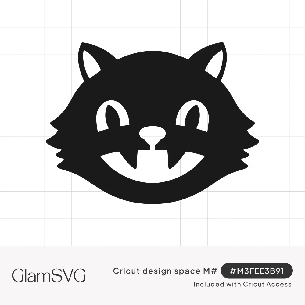 Solid black silhouette of a grinning cat face with pointed ears, fluffy cheeks and small vampire fangs