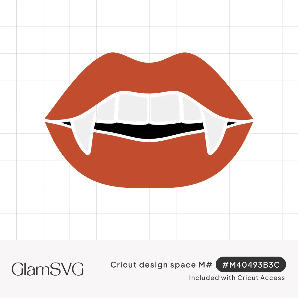 Red-orange lips slightly parted showing white teeth and two pointed vampire fangs